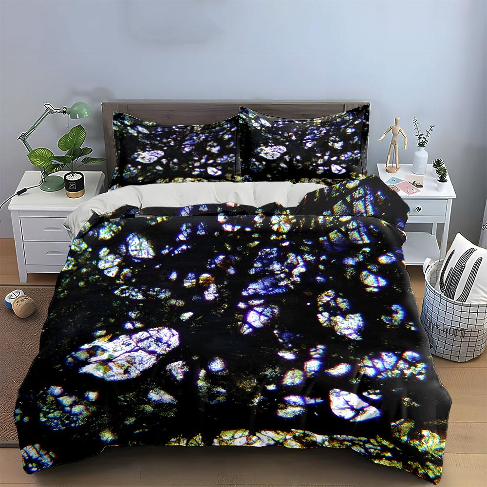 3Pcs Iridescent Crystal Stone Bedding Set, Dark Base Mineral Fragment Print Duvet Cover Pillowcases King Queen, Gift