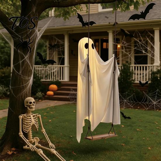 Outdoor Spooky Party Decor Halloween Hanging Ghost Swing with String Lights, Glowing Floating Cute Props for Holiday Ornament Yard Tree, Tree