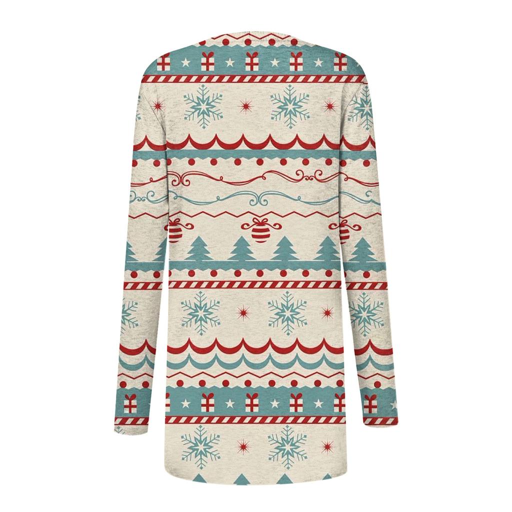 Women's Fashion Casual Christmas Print Medium Length Cardigan Jacket Coat