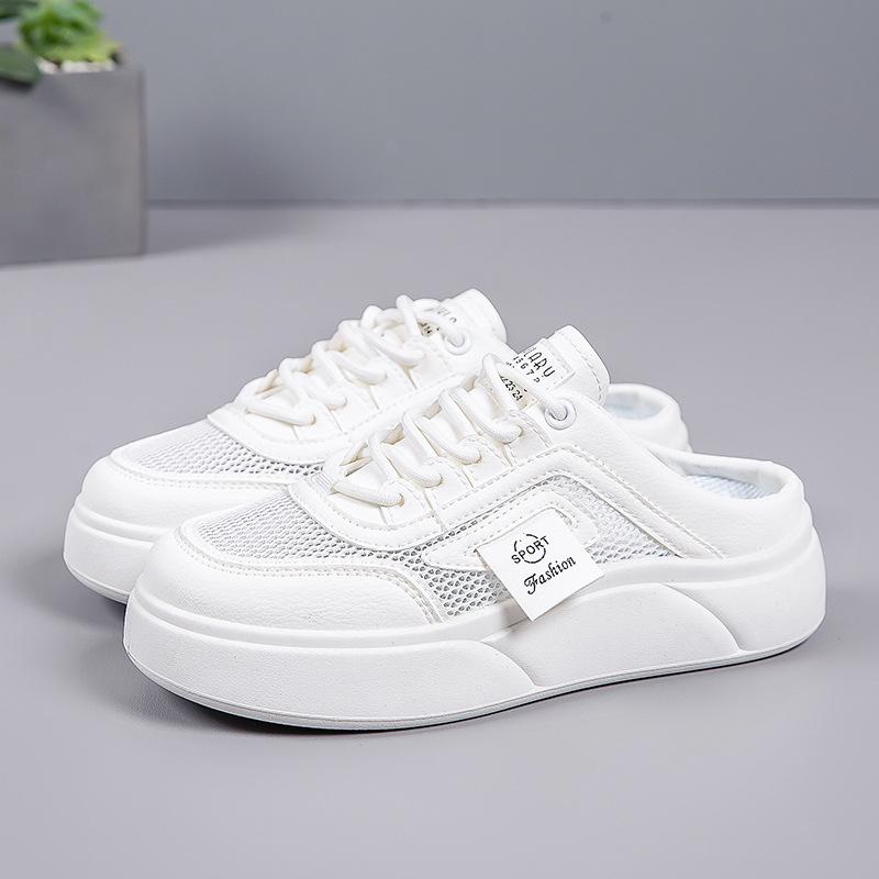 Женские летние полутапочки без застежек с закрытым носком из дышащей ткани и толстой подошвой — новинка 2025 года, легкий дизайн из белой сетки.