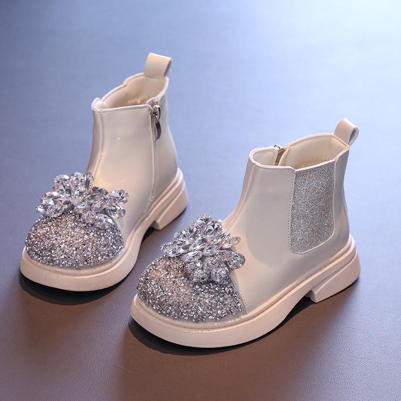 Новые осенне-зимние ботильоны для девочек, роскошные детские сапоги принцессы с блестками, модные универсальные детские повседневные короткие сапоги со стразами