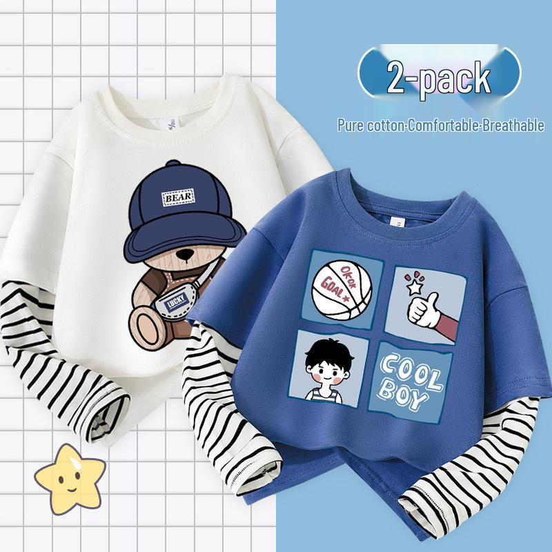 Мальчиковая мультяшная лоскутная хлопковая футболка с длинным рукавом в полоску