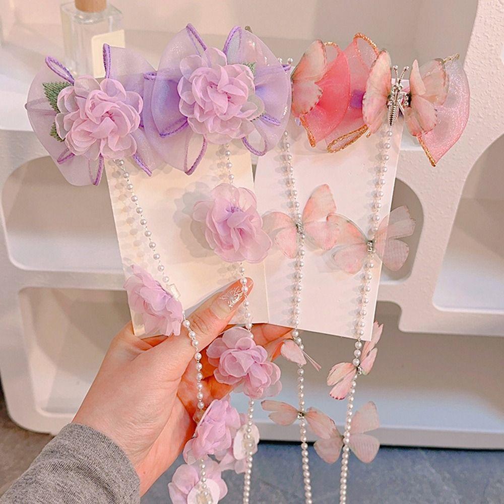 Mesh Pearl Braided Hairpin Braided Hair Chain Hair Clip Cute Children Flower Barrettes