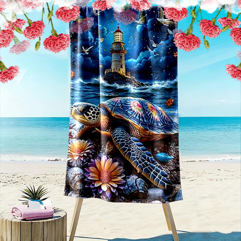 Colorful Turtle and Lighthouse Beach Scene Beach towel quick-drying for travel outdoor sports jogging beach and swimming