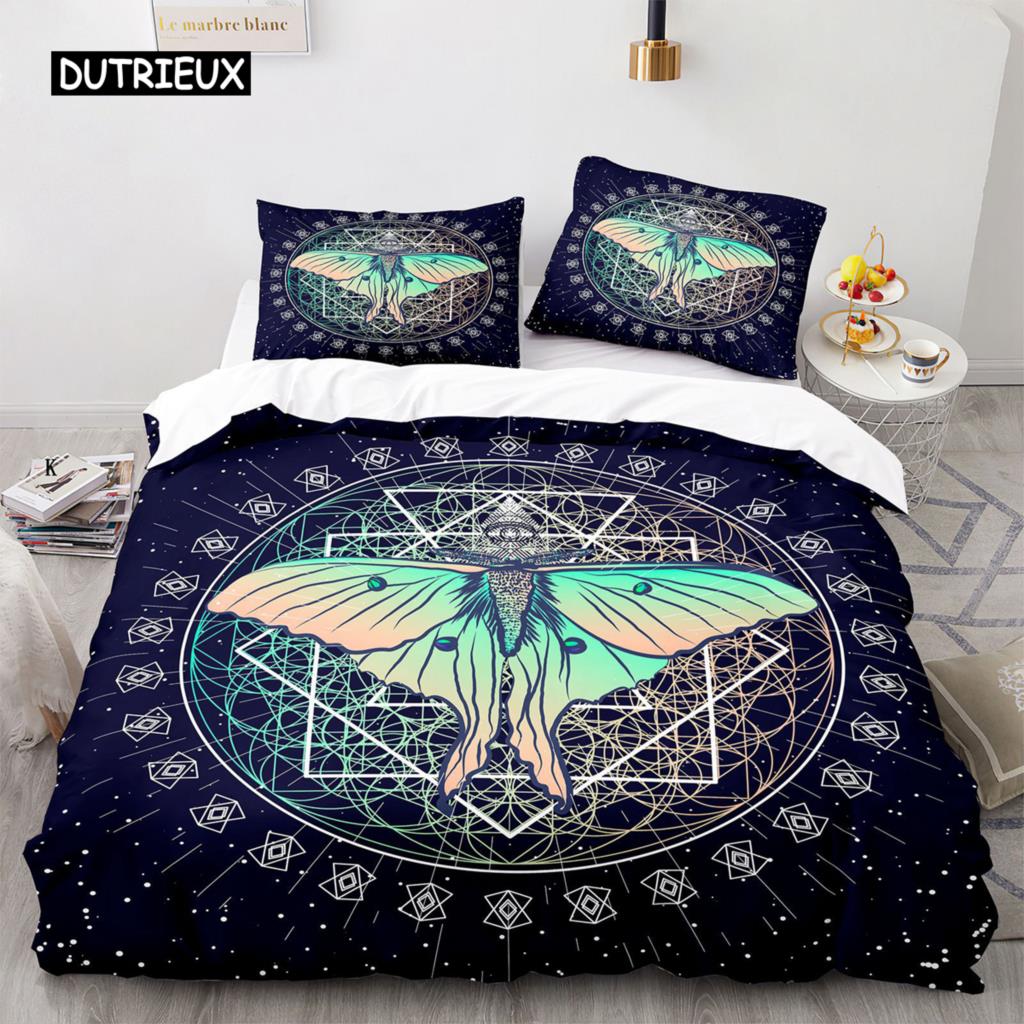 Комплект постельного белья Death Moth Queen Size Gothic Skull Boho, комплект постельного белья с черно-белым декоративным рисунком скелета