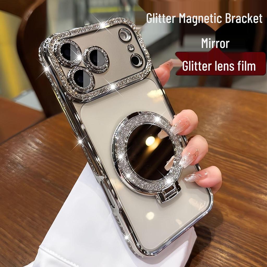 Чехол для телефона с rhinestone-бордюром и магнитной подставкой для iPhone 17 Pro Max и Apple 16 - Глянцевая зеркальная отделка