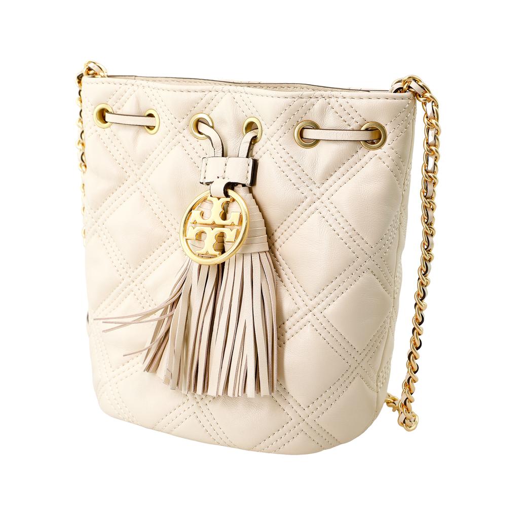 Tory Burch TB Fleming Quilted Tassel Pendant Woven Chain Leather Bucket Bag Women shoulder bag White 74853-122