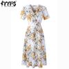 Women's Fashion Summer Spring Flower Pattern Print Short Sleeve V-Neck High Waist Casual Dresses