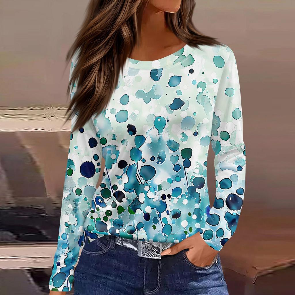 Женская модная повседневная свободная футболка с принтом и круглым вырезом с разрезом и длинным рукавом, женский топ