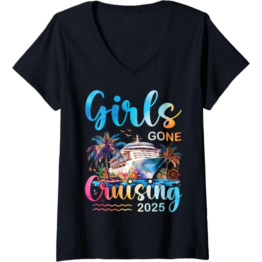 Женская футболка с V-образным вырезом Girls Gone Cruising 2025, Поездка на круизном лайнере, Отпуск(1)