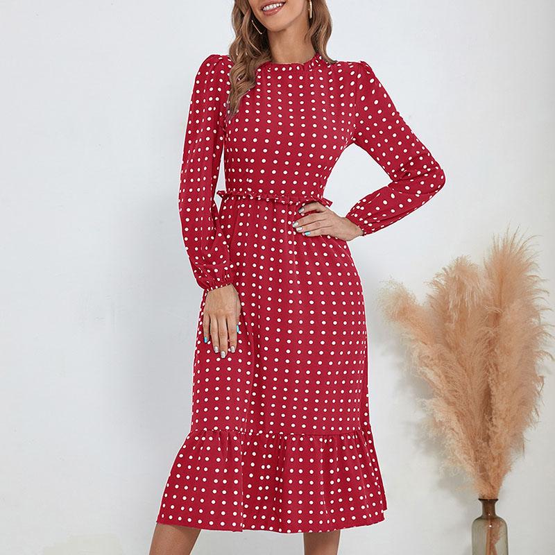 YYFS Женские винтажные повседневные платья в горошек с принтом на лето и весну с длинным рукавом и круглым вырезом с высокой талией