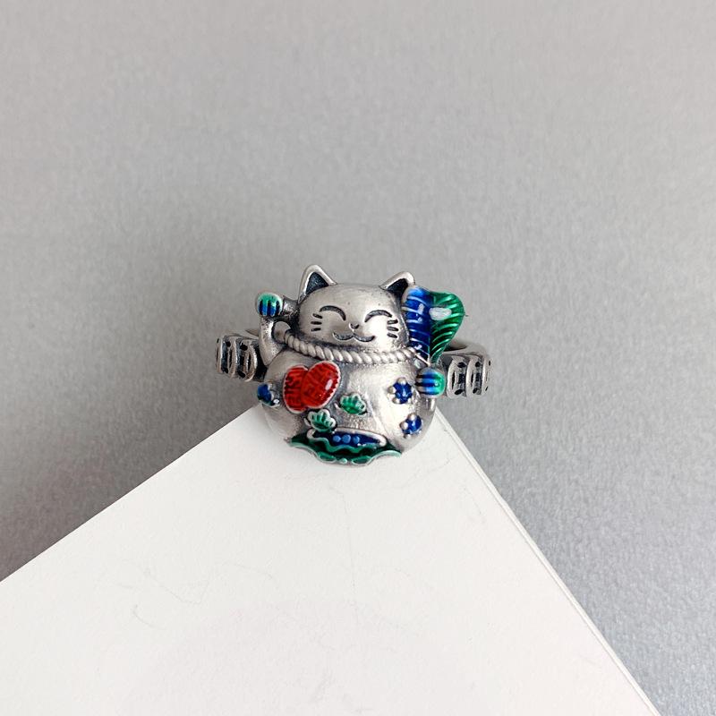 Кольцо из стерлингового серебра 925 пробы «Счастливый кот» женское, в ретро-атмосфере, старинное мастерство, простое кольцо с эмалью, на указательный палец с украшениями
