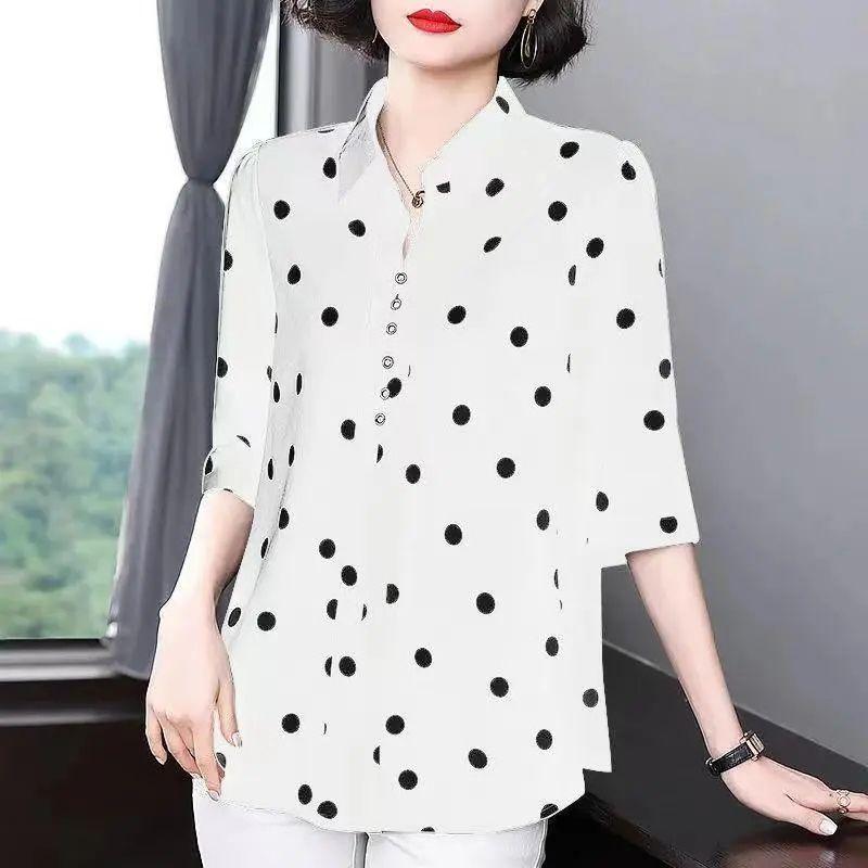 Polka Dot Shirt Women's Summer Short Sleeved Casual Shirt Mid Sleeved Top