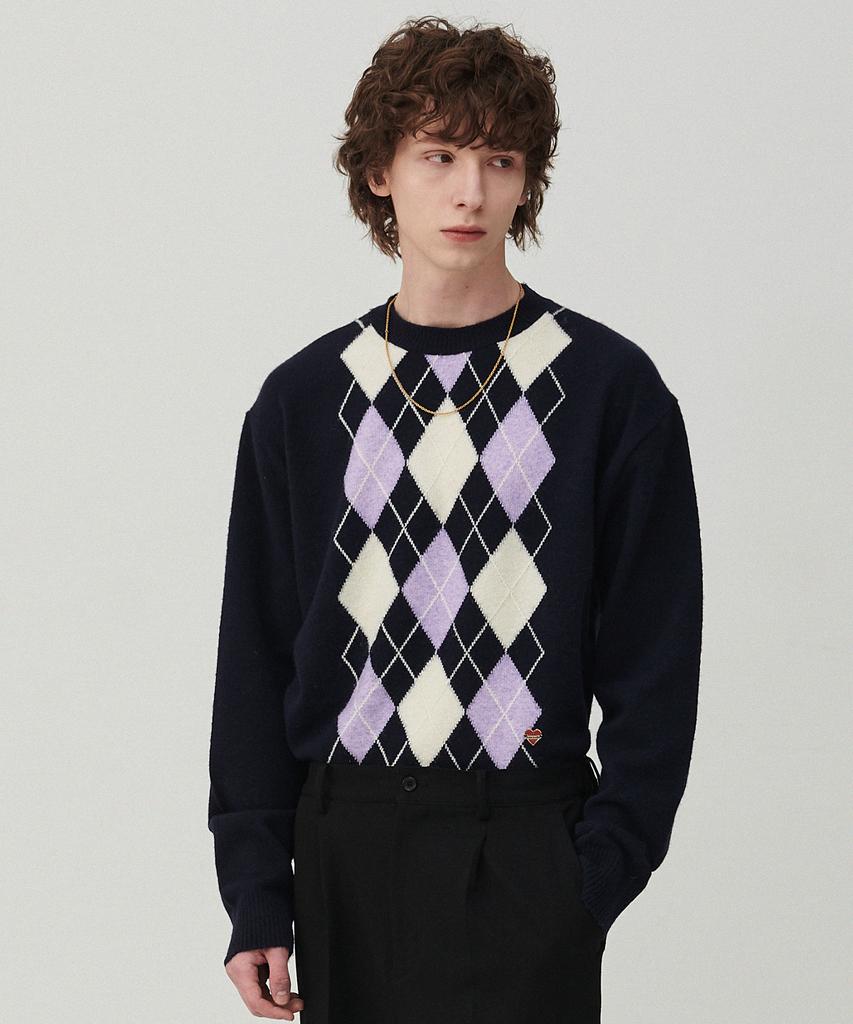 BEYOND CLOSET Romantic Modern Argyle Soft Knit Navy