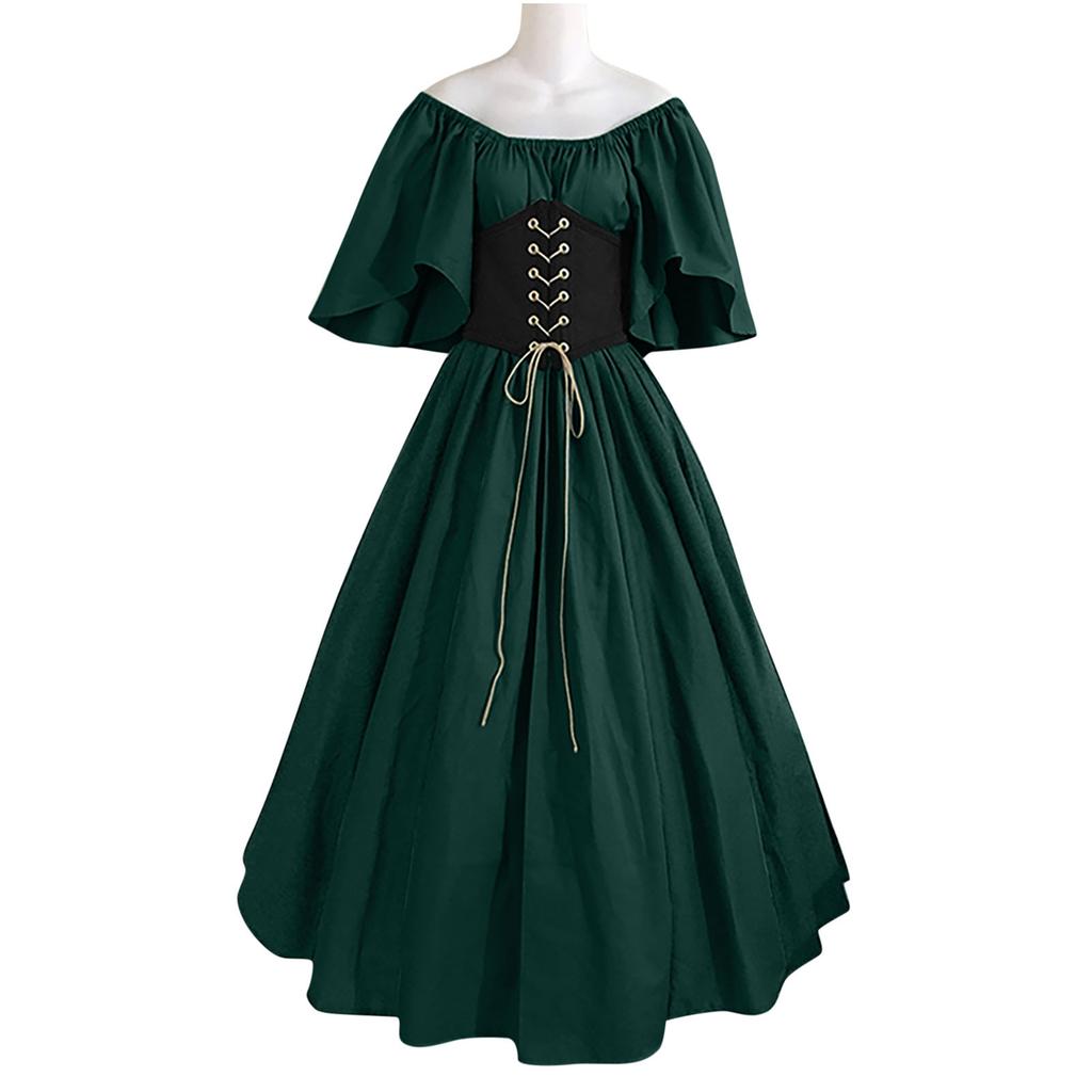Women's Round Neck Dress Flare Sleeve Off Shoulder Medieval Vintage Dresses with Corset Patchwork Ball Gown