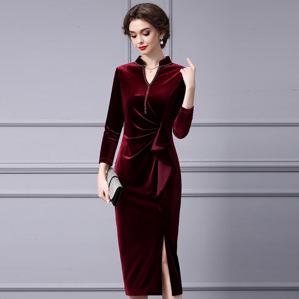 Zhili Noble Ladies' Velvet Pleated Waist Dress – 3D Cut, Spring/Autumn Style