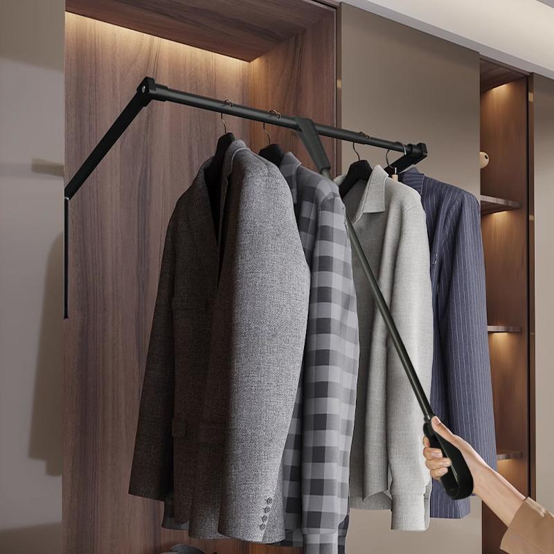 Pull Down Lifting Clothes Rod Retractable Damping Hanger Rail Dual Soft Close System For Wardrobe Walk-in Closet