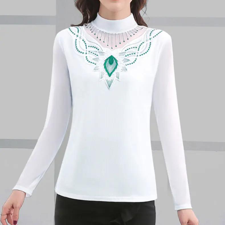 Осень-зима, новые кружевные футболки, сетчатая рубашка с высоким воротником и низом для женщин, пуловеры с длинными рукавами, топ M-5XL