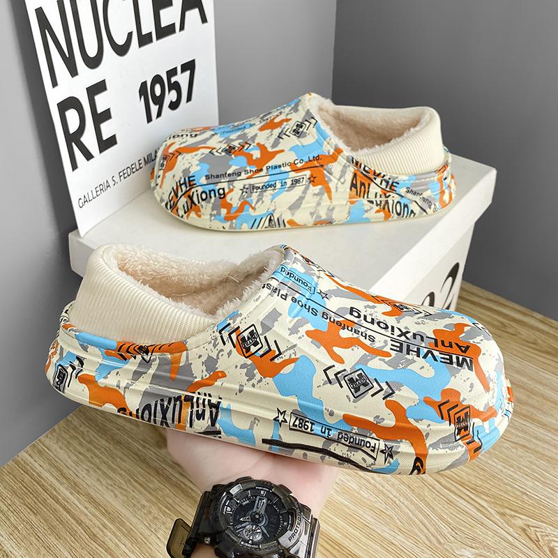 Модные зимние мужские тапочки из хлопка с рисунком для дома и улицы, толстые, плоские, на меху, нескользящие, плюшевые, водонепроницаемые, без застежек, для улицы
