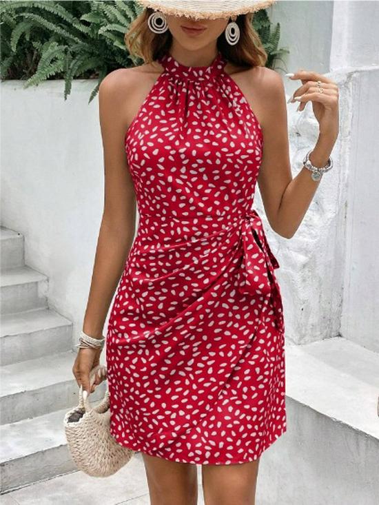 European & American Style Polka Dot Pleated Waist-Cinching Halter Dress (Sleeveless, 2026 Design)
