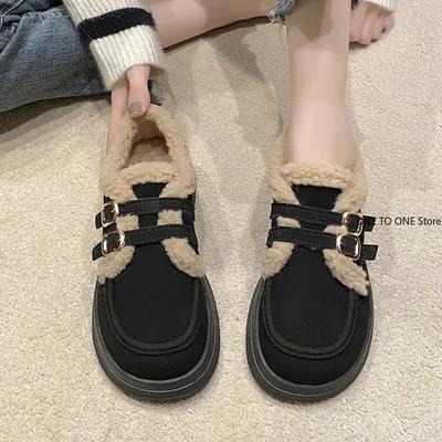 Модные женские клоги на платформе с круглым носком, лоферы с мехом, повседневные зимние ретро, новые слипоны, однотонные, с резиновой пряжкой, женские кроссовки, криперы, Str