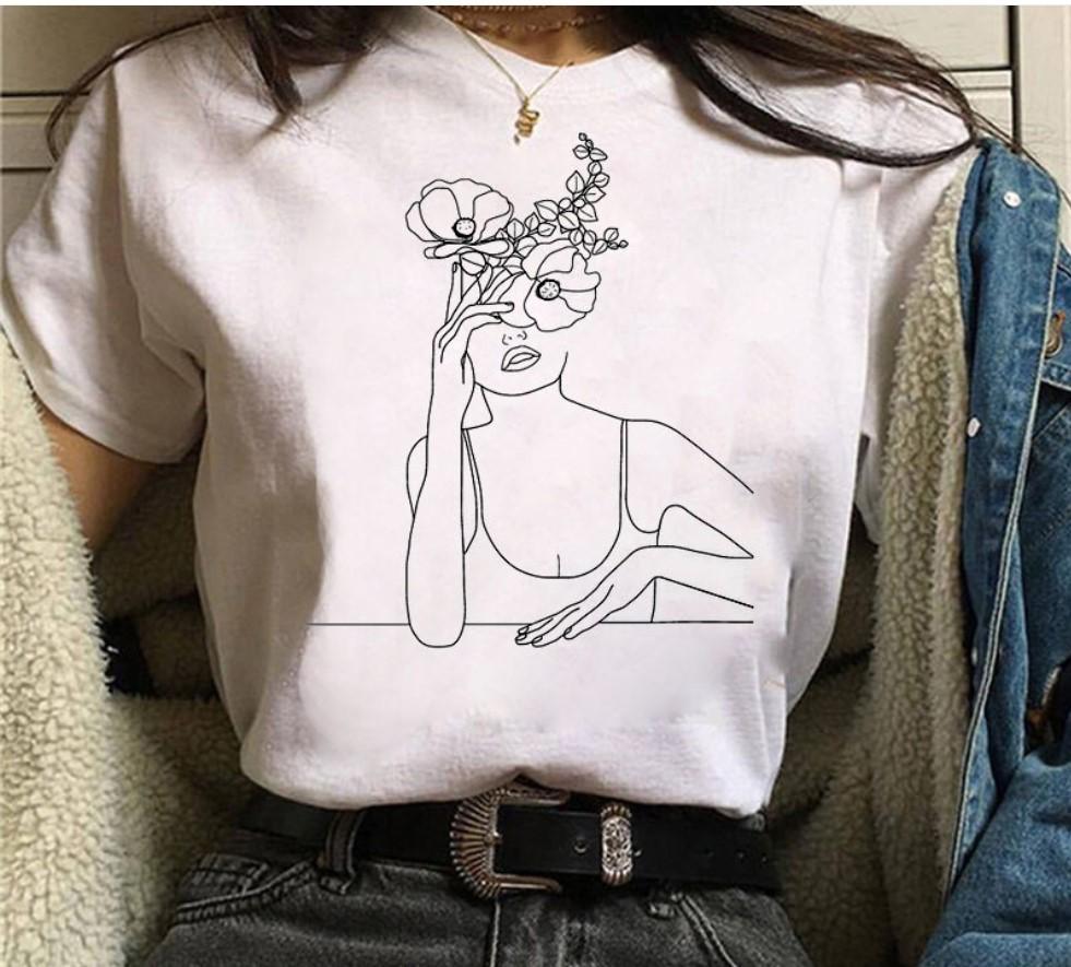 Creative Face Graphics Woman Graphics 90S Blouses Harajuku Summer Short Sleeve O-Neck White Female Tops Streetwear Y2K Clothing