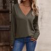 Women's Autumn/Winter Solid Color V-neck Loose Long Sleeved T-shirt Button Top