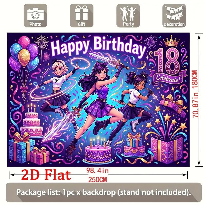 Vibrant Neon Fantasy Little Princesses in Dynamic Poses with Sparkling Magic Wands, Birthday Cake, Gifts, Balloons, Happy Birthday and 18