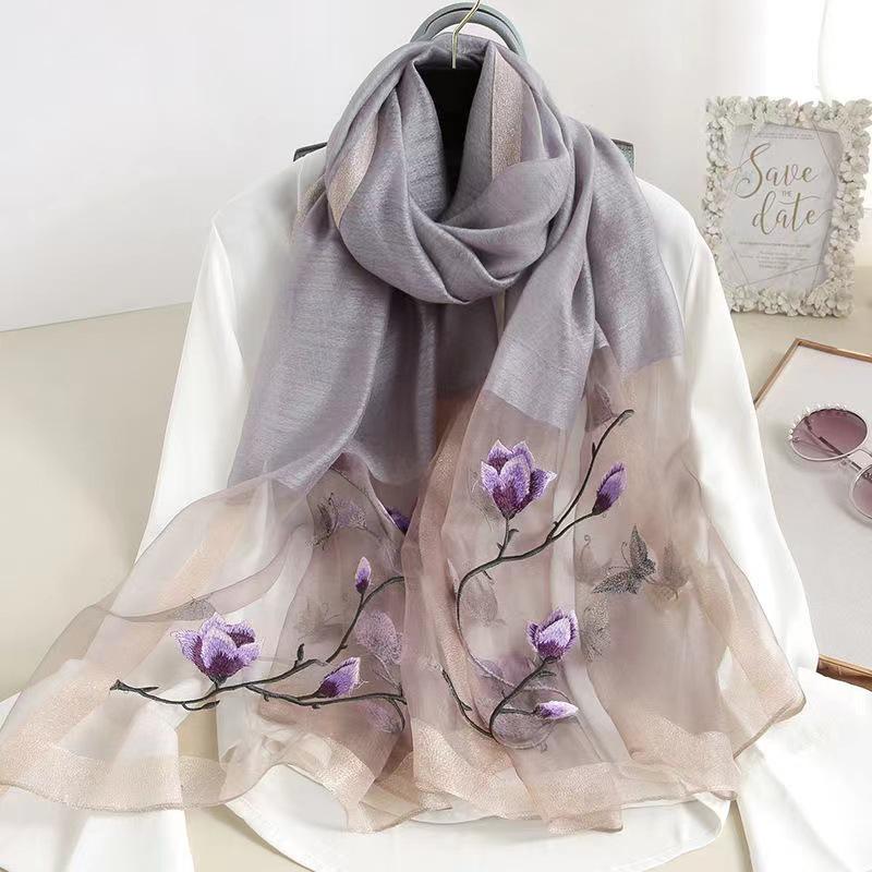 Luxury Wool Blend Silk Scarf: High-End Embroidered Begonia Design Shawl for Women