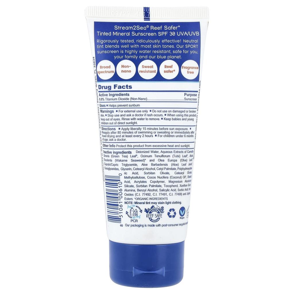 Stream2Sea Солнцезащитный крем для водных видов спорта, тонирующий, SPF 30, нейтральный, 90 мл (3 жидких унции)
