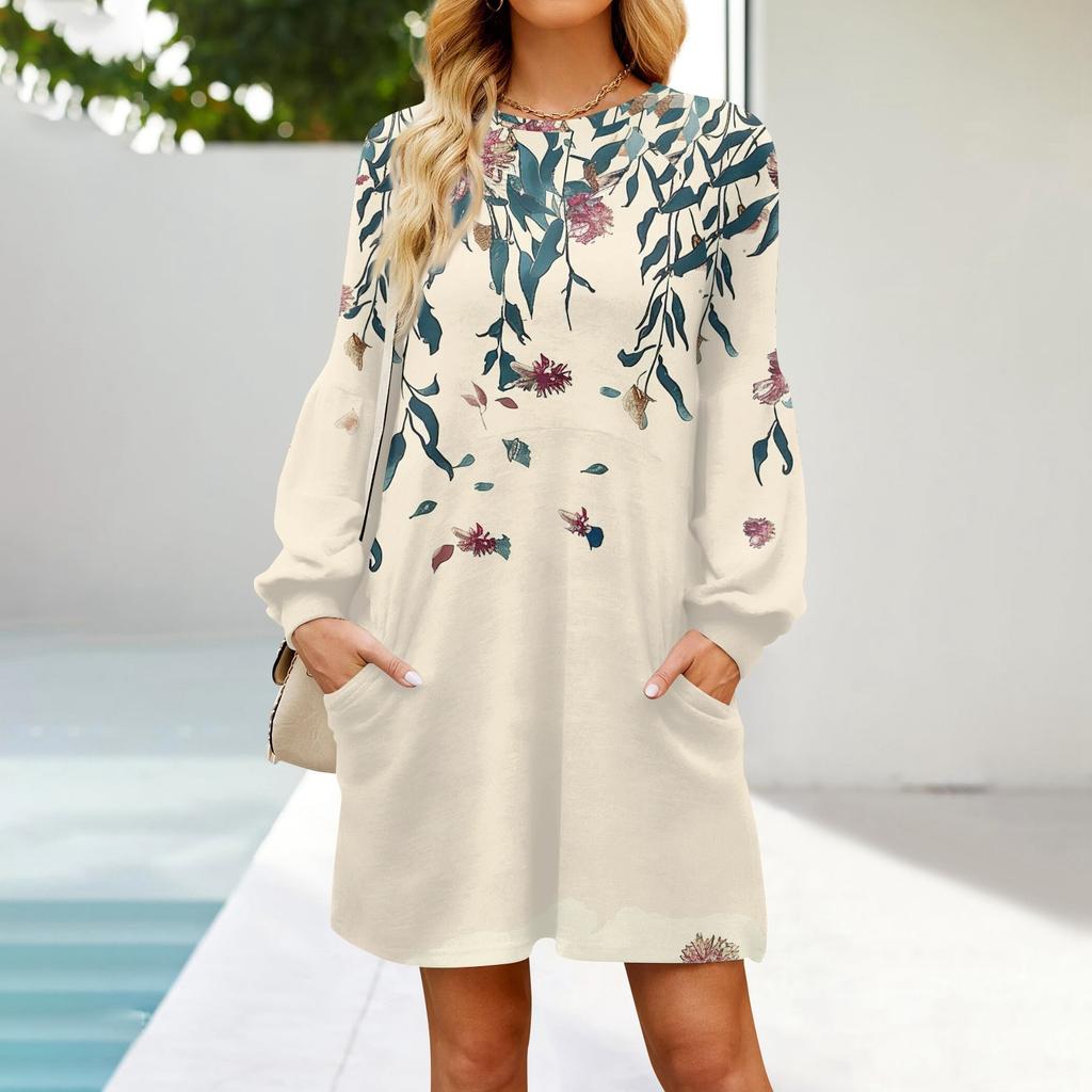 Fashion Womens Long Sleeve A Line Dress Fall Casual Pullover Crewneck Loose Fit Dress With Pockets