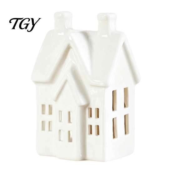 Modern Minimalist Ceramic Art House Shape Candle Holder, White Hollow Tea Light Holder Unique Decor Ornament, Artistic Miniature Figurine for