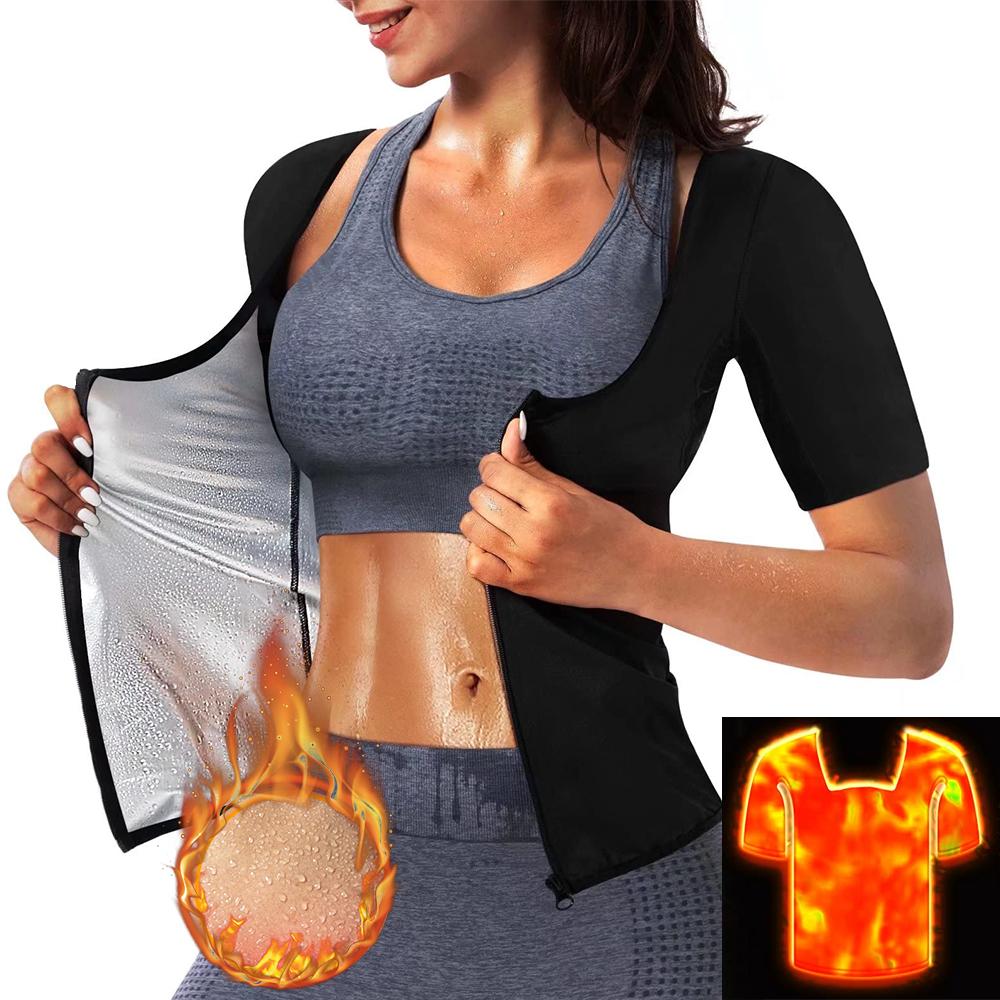 Women Sweat Vest Short Sleeve Waist Trainer Tops Zipper Compression Shirts Heat Trapping Sauna Suit Fitness Slimming Body Shaper Workout Cropped