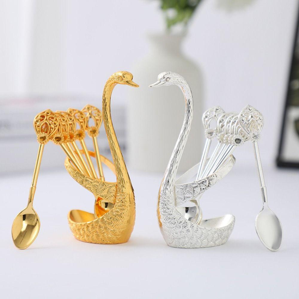 6Pcs Zinc Zinc Zinc Alloy Luxury Dessert Utensils with Swan Shaped Base Dessert Spoon Kitchen