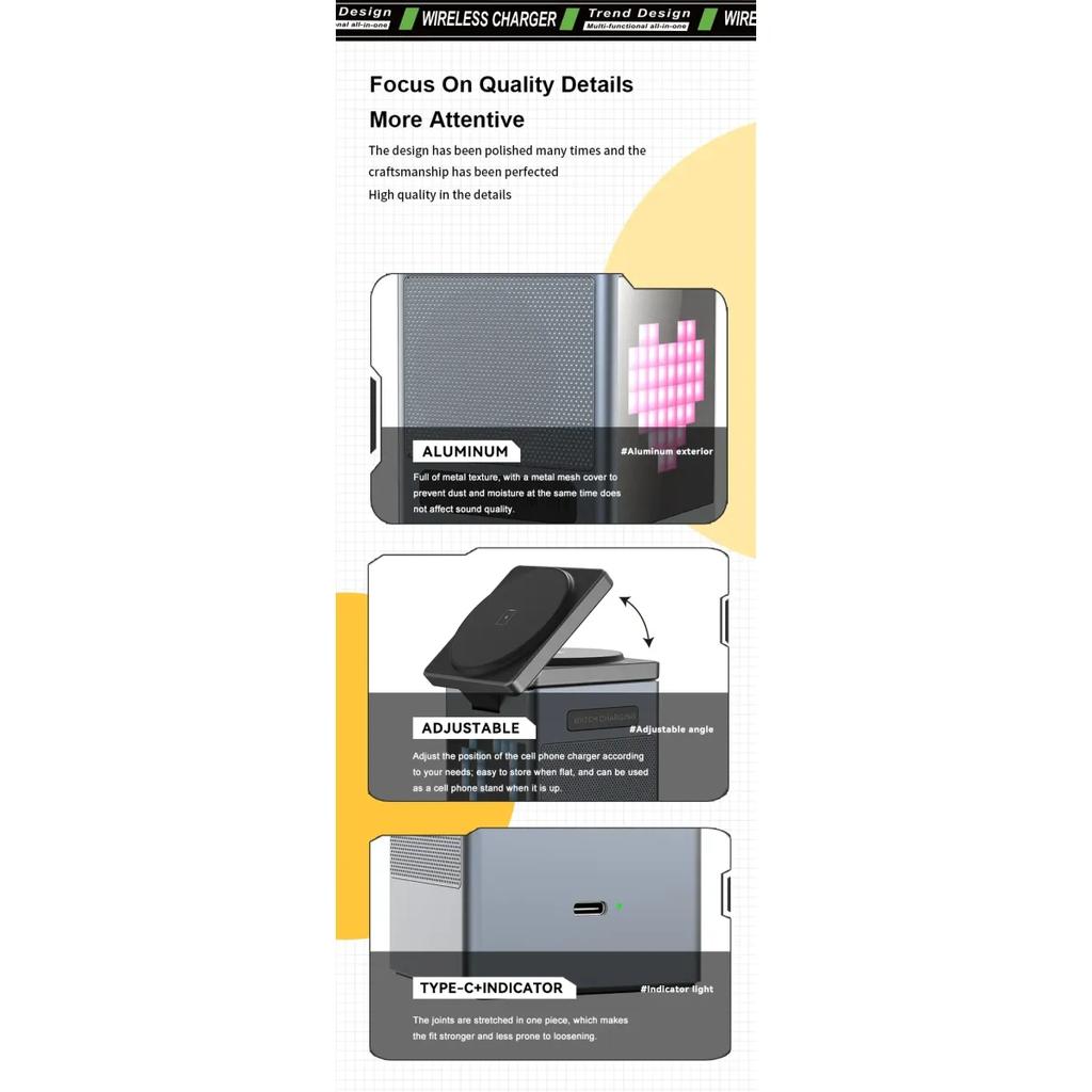 6 в 1 магнитная беспроводная зарядная подставка Bluetooth-динамик будильник для Magsafe IPhone 16 15 14 Pro Max Airpods Pro Apple Watch