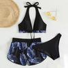 3 шт./компл. разделенное бикини с принтом листьев и бантом, трехсекционный тонкий купальник с открытой спиной для плавания