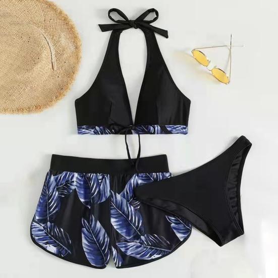 3 шт./компл. разделенное бикини с принтом листьев и бантом, трехсекционный тонкий купальник с открытой спиной для плавания