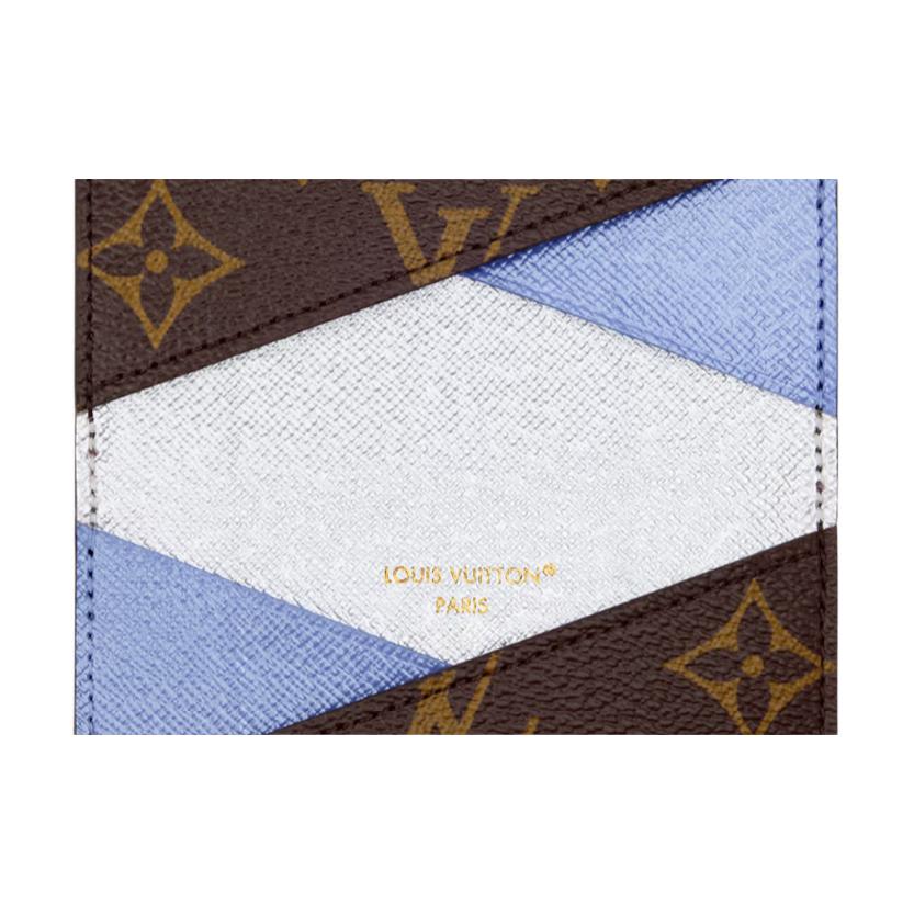 Louis Vuitton Slim Color-Blocked Leather Trim Gold Button Closure Coated Canvas Card Holder Women card holder Brown Blue Silver M26900