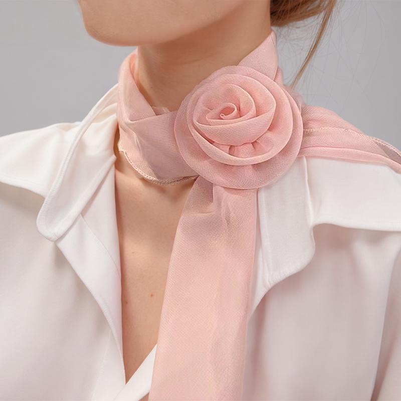 New Rose Chiffon Scarf Women Elegant Decorative Tie Ladies Solid Color Thin Silk Scarf Fashion Versatile Ribbon Scarf 140*14cm