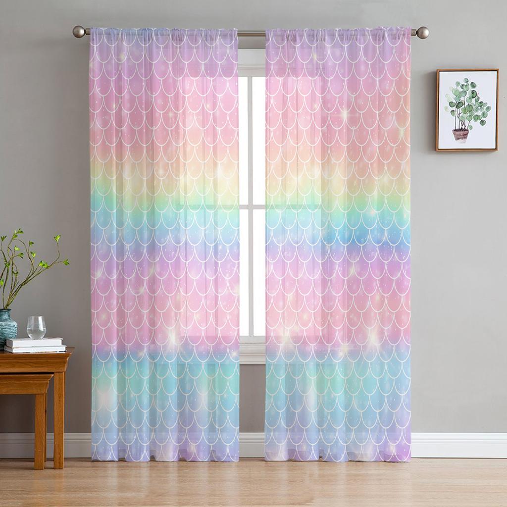 Mermaid Scales Ocean Rainbow Chiffon Sheer Curtains for Living Room Bedroom Home Decoration Window Voiles Tulle Curtain