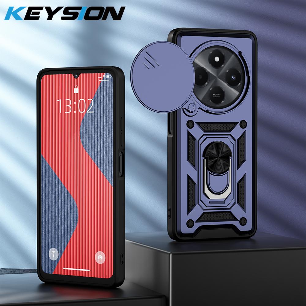 KEYSION Противоударный чехол для Xiaomi Redmi 14C Silicone+PC Slide Camera Lens Protection Ring Stand Phone Cover для Redmi 14C 4G