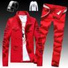 Men's Slim Fit Denim Jacket Pants 2pcs Set Long Sleeve Coats Letters Printed Casual Large Size Black White Red Boys Trousers