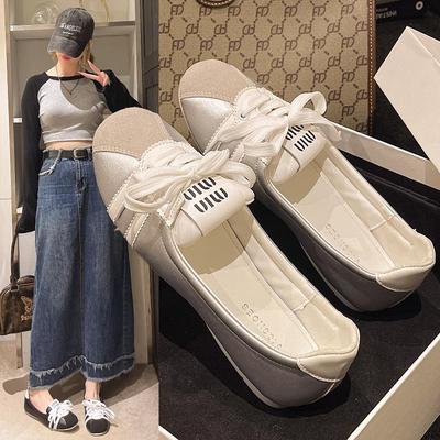 Женские французские балетки: 2024 Летние Белые Слипоны на шнуровке, Дышащие Модные Балетки