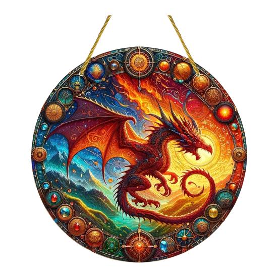Window Hanging Pendant with Lanyard Realistic Dragon Printing Round Shape Sun Catcher Home Office Garden Decoration Panel Pendant