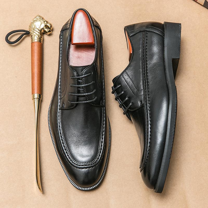 2025 British Leather Shoes Men's Business Dress Black Low-top Wedding Shoes Casual Soft Sole Korean Version Trendy Versatile Men's Shoes