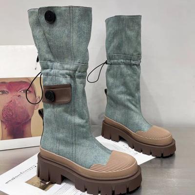 Ботинки на толстой платформе из ретро-денима для женщин 2024 года, осенние ковбойские сапоги в стиле вестерн с лоскутным узором, женские толстые каблуки до середины голени