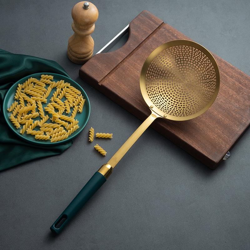 Stainless Steel Colander Green Gold Round Filter Spoon Frying Oil Leaking Hot Pot Noodle Mesh Drain Scoop Cookware Kitchen Tools