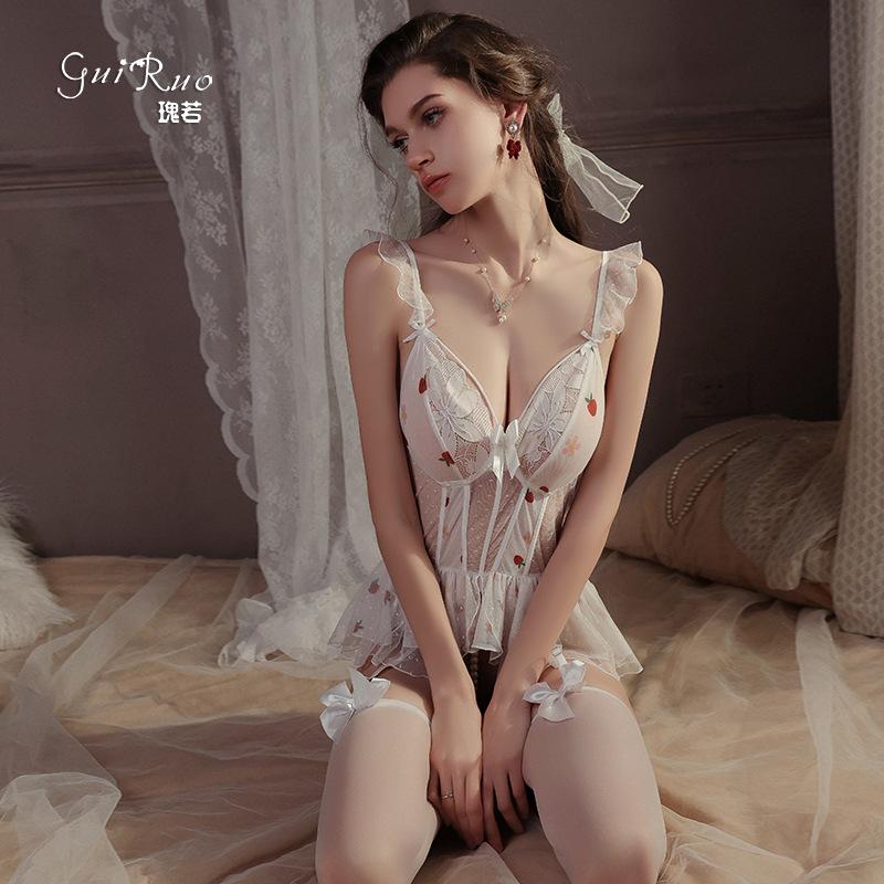 Women's Flutter Sleeve Lace Sheer Mesh Bodysuit Lingerie Set