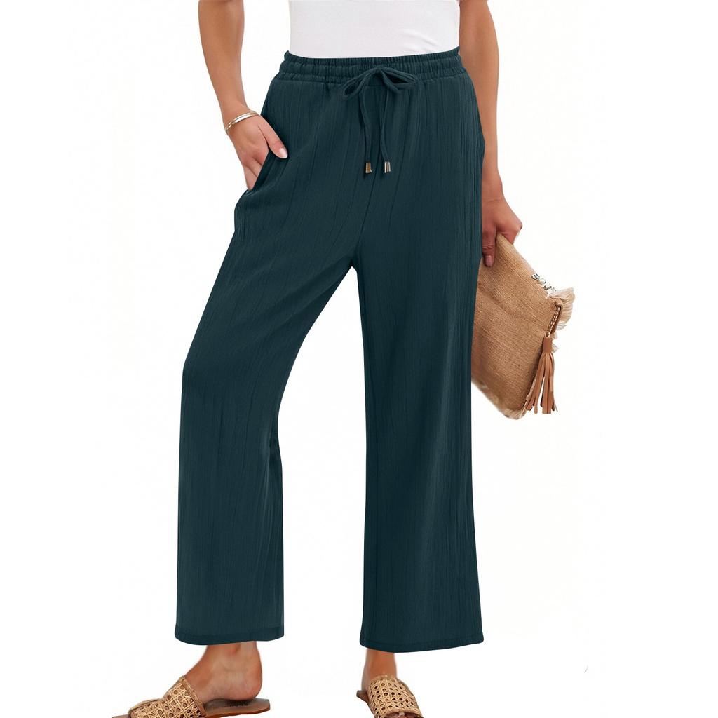 Women's High Waist Adjustable Knot Flowy Cotton And Linen Trousers Wide Leg Pants