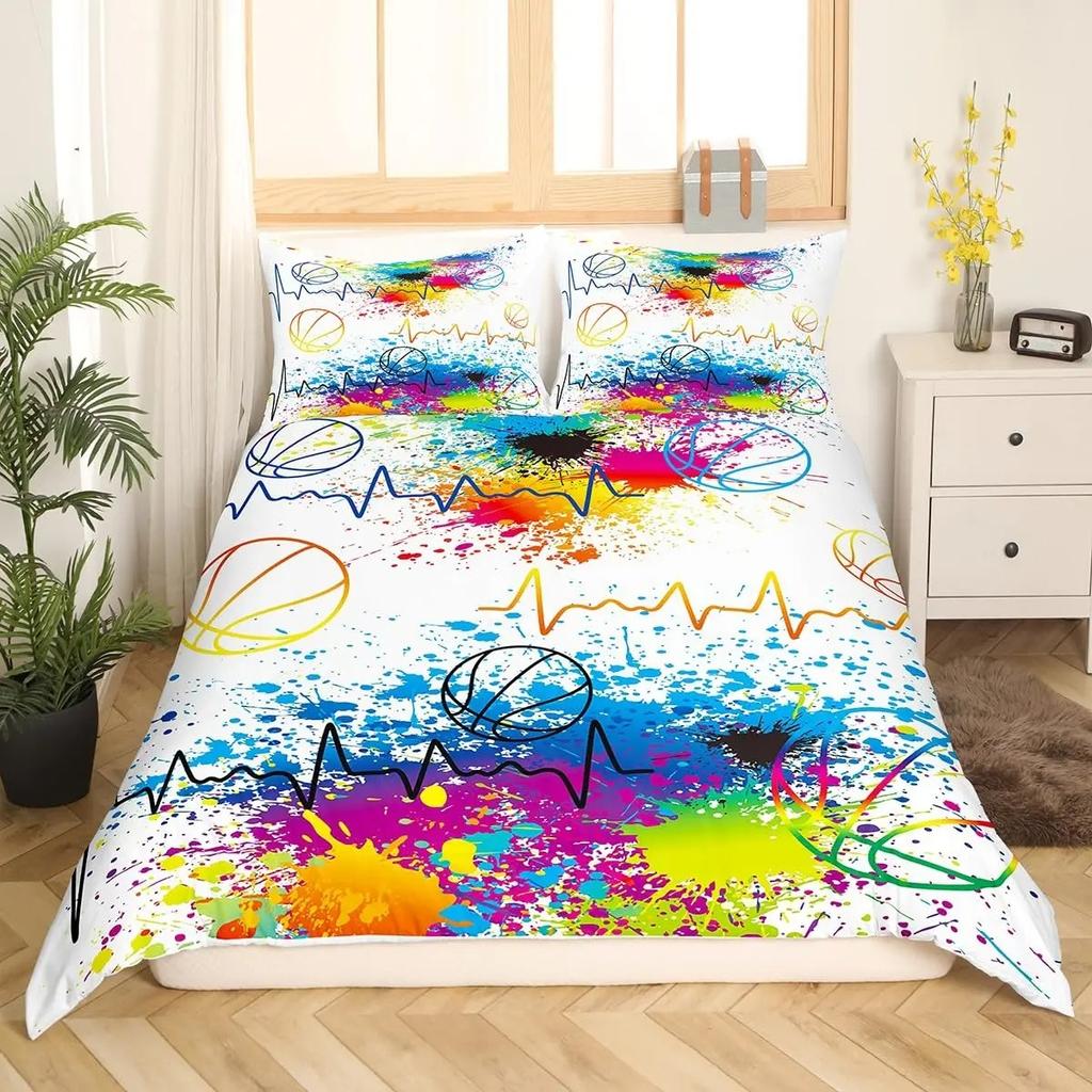 Пододеяльник с баскетбольным мячом Queen Blue Red Green Tie Dye Комплект постельного белья Grunge Neon Sports Покрывало Neon Ball Game Покрывало